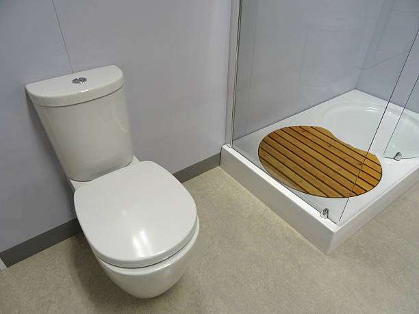 Modern bathroom with toilet and shower, featuring a wooden bath mat.
