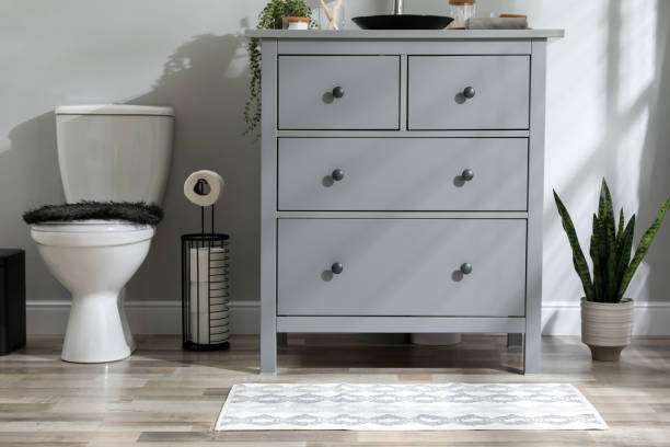 Gray vanity next to toilet with a decorative bath mat.
